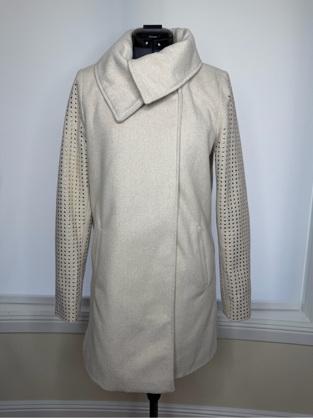 Jou Jou Cream Wool Blend Trench Coat with Perforated Sleeves